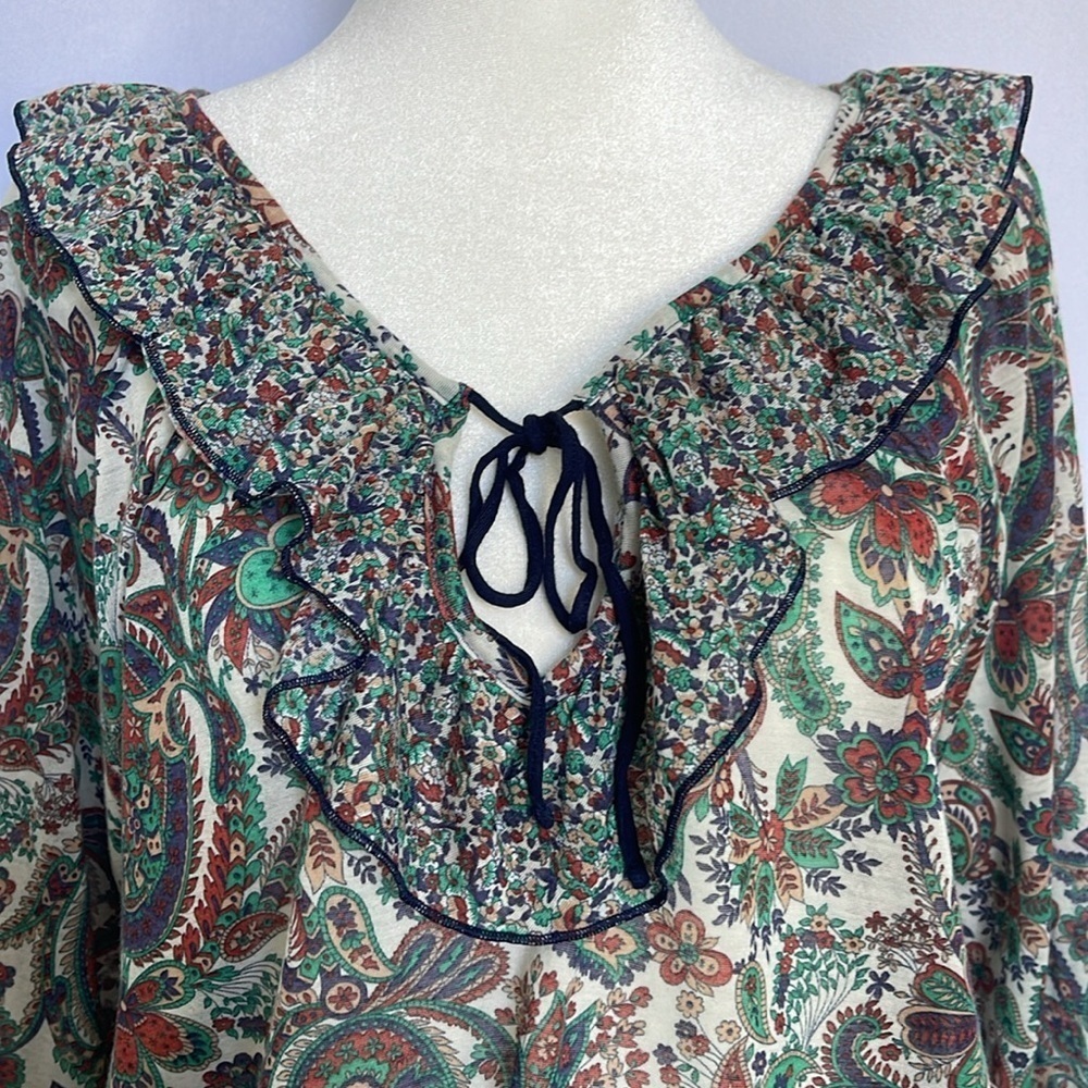 Mango Bohemian Sheer 3/4 Sleeve Paisley Print Tie-neck Blouse Top Size S V Neck - Picture 2 of 9